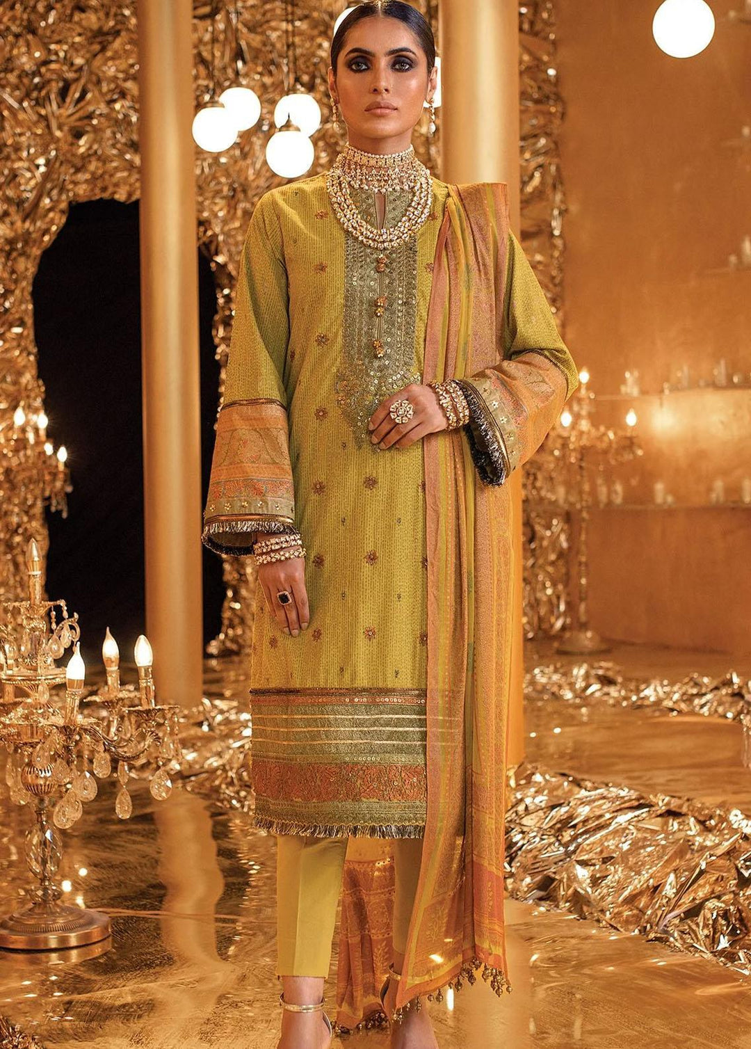 Al Karam Embroidered Lawn Suits Unstitched 2 Piece AK22FW FC-W-19G-22-3 Mustard - Festive Collection