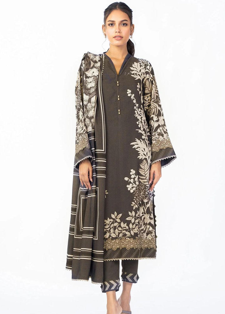 Al Karam Printed Chambray Suits Unstitched 3 Piece AK22FW FW-24-22-Dark Brown - Festive Collection