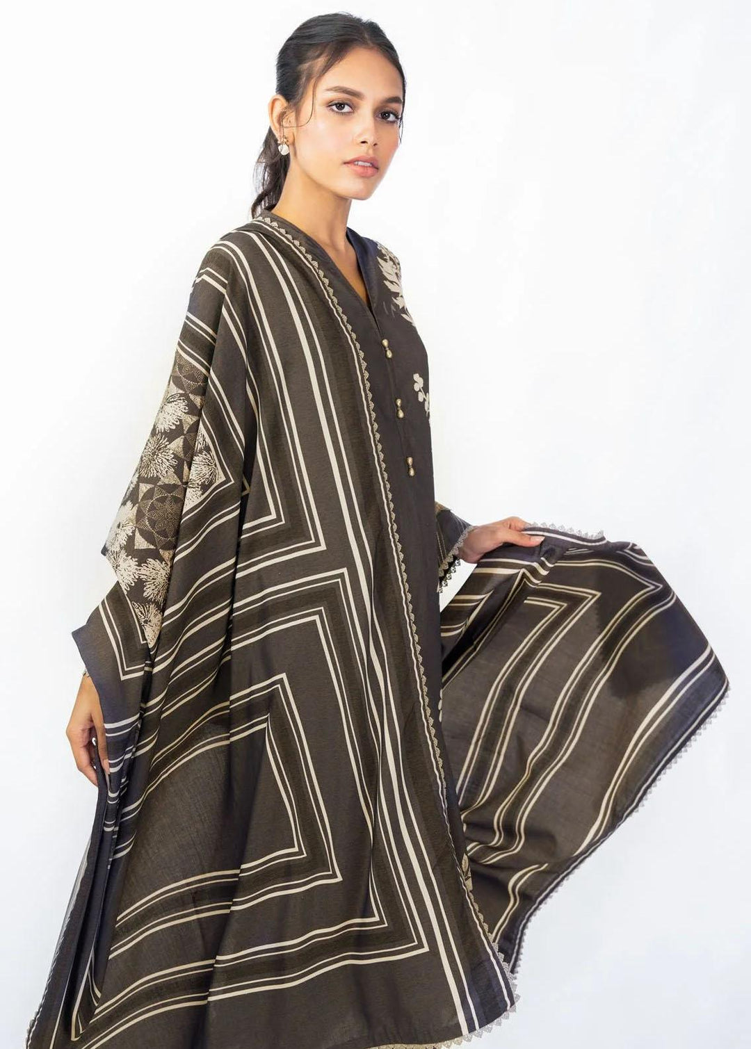 Al Karam Printed Chambray Suits Unstitched 3 Piece AK22FW FW-24-22-Dark Brown - Festive Collection