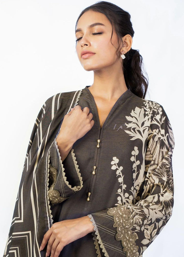 Al Karam Printed Chambray Suits Unstitched 3 Piece AK22FW FW-24-22-Dark Brown - Festive Collection