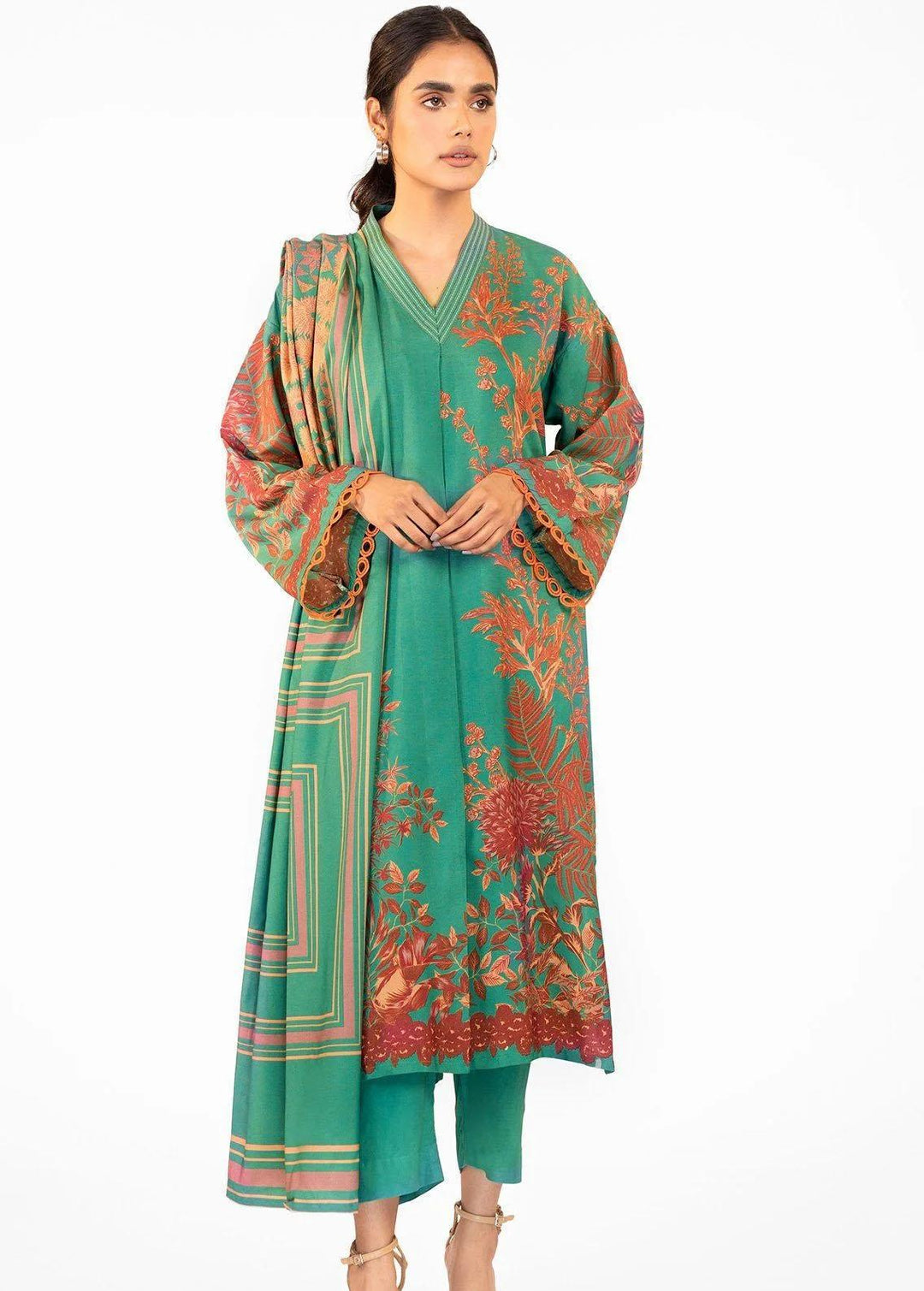 Al Karam Printed Chambray Suits Unstitched 3 Piece AK22FW FW-24-22-Green - Festive Collection