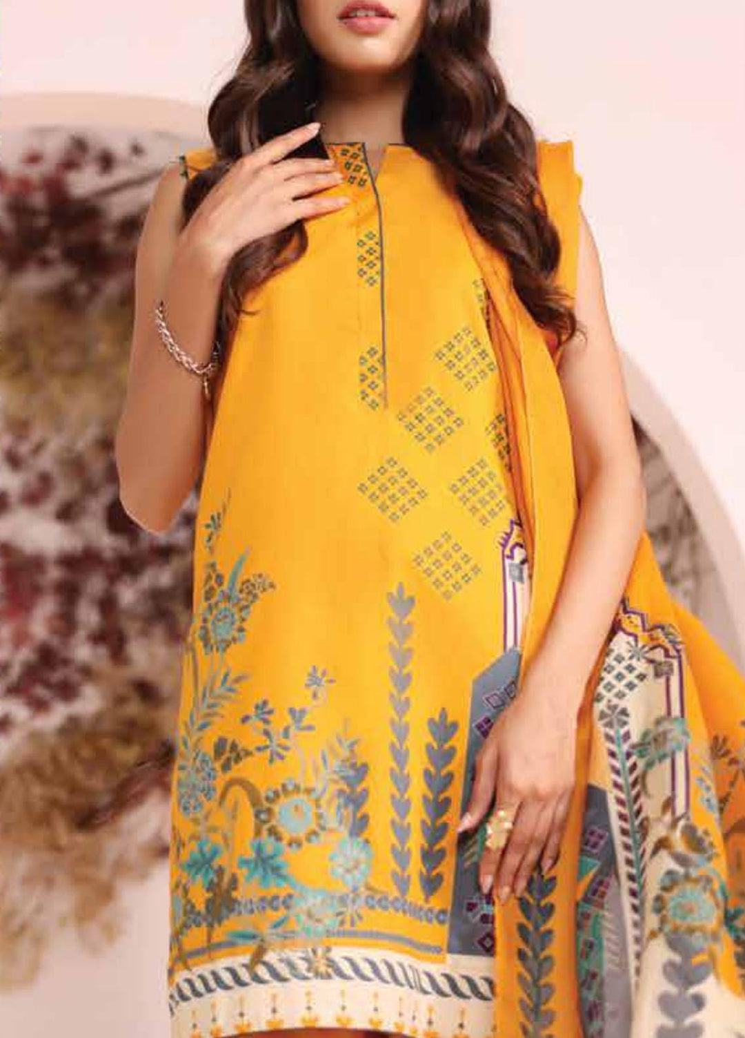 Al Karam Printed Cambric Suits Unstitched 2 Piece AK21MS-MS-14-21-Yellow - Summer Collection