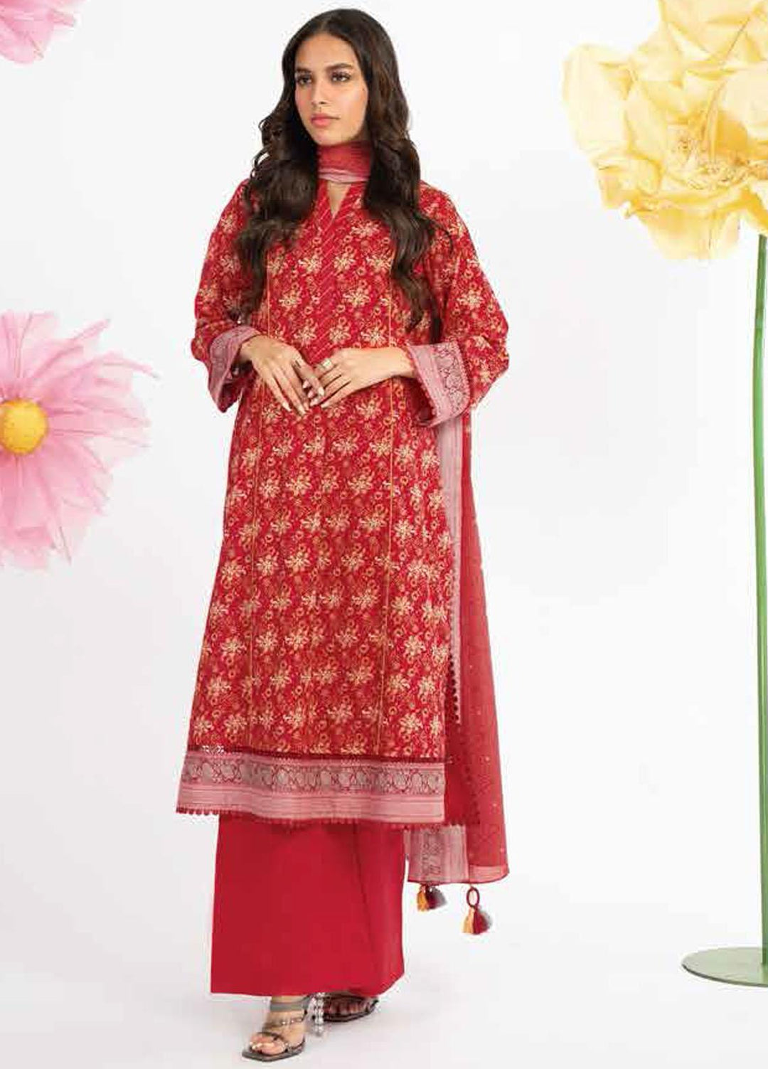 Al Karam Printed Lawn Suits Unstitched 3 Piece AK23SSL SS-40.1-23-Red - Summer Collection