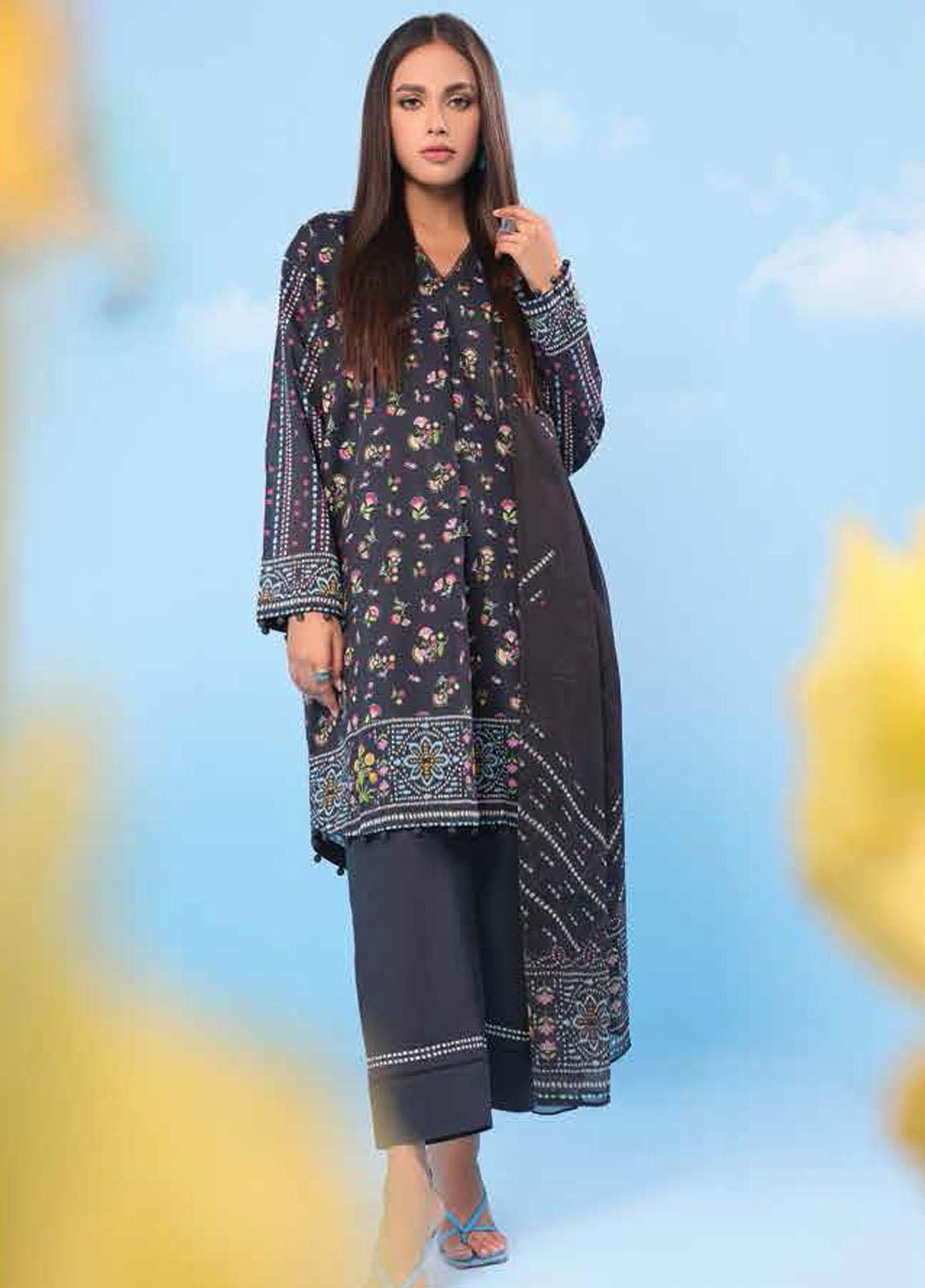 Al Karam Printed Lawn Suits Unstitched 2 Piece AK23SSL SS-57-23-Black - Summer Collection