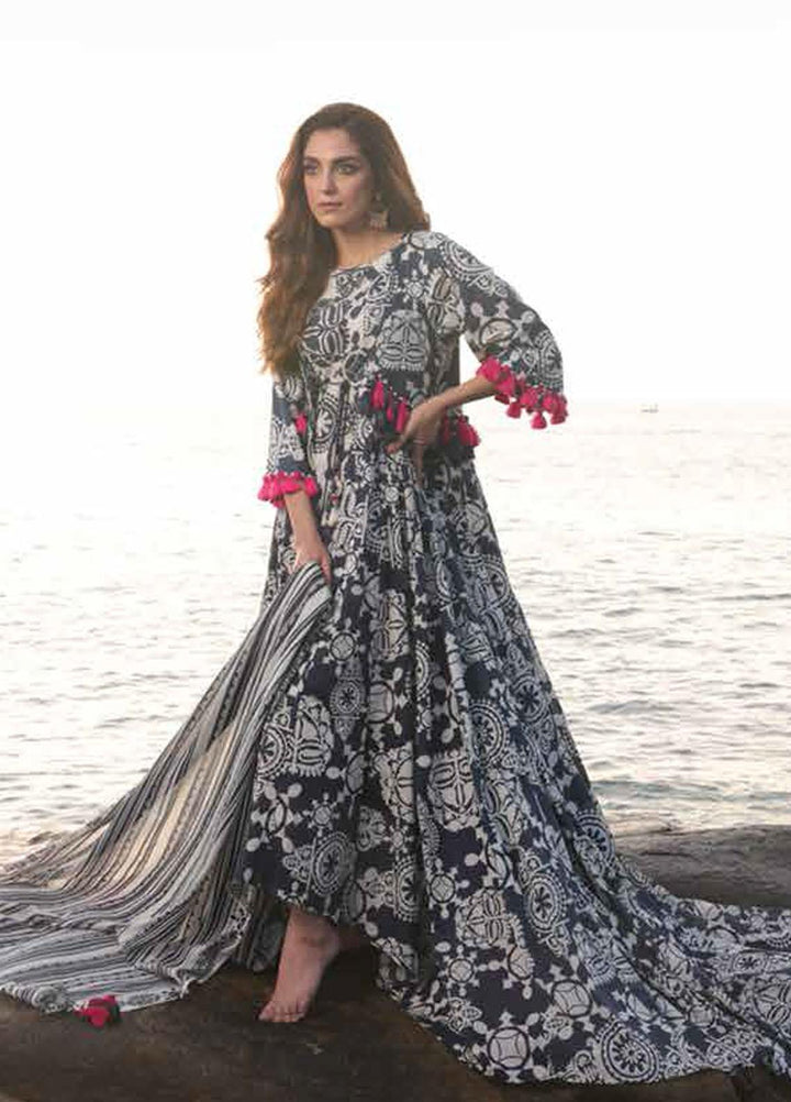 Al Karam Printed Lawn Suits Unstitched 3 Piece AK23SSL SS-29-23-Navy Blue - Summer Collection