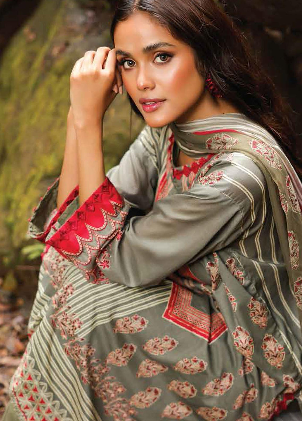 Al Karam Printed Lawn Suits Unstitched 3 Piece AK23SSL SS-22-23-Olive Green - Summer Collection