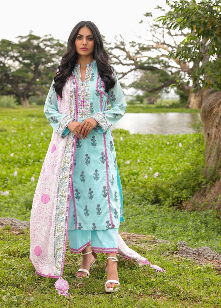Al Karam Printed Lawn Suits Unstitched 3 Piece AK23SSL SS-14.1-23-Light Blue - Summer Collection