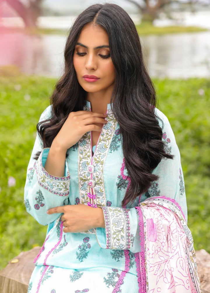 Al Karam Printed Lawn Suits Unstitched 3 Piece AK23SSL SS-14.1-23-Light Blue - Summer Collection