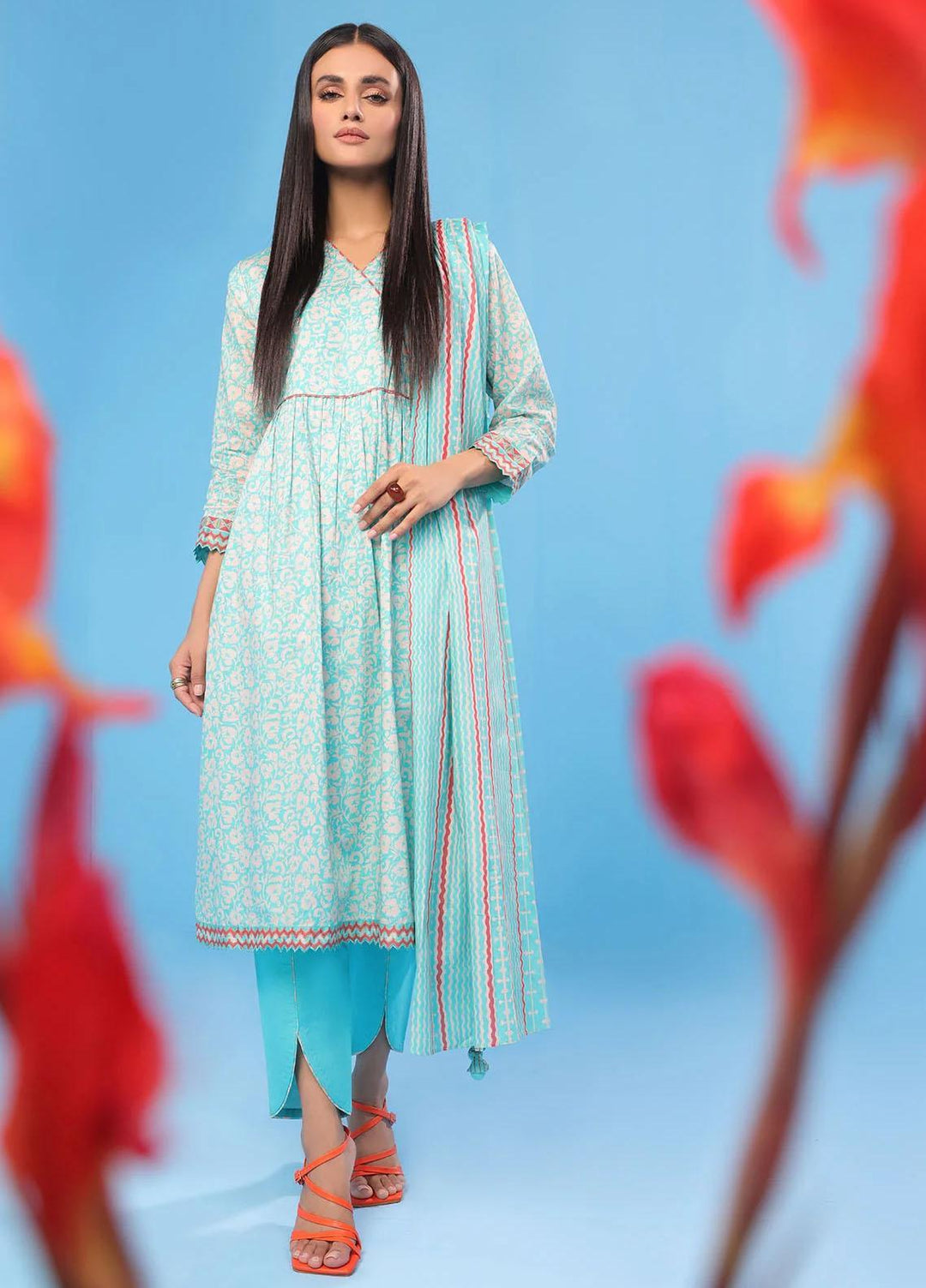 Al Karam Printed Lawn Suits Unstitched 3 Piece AK23SSL SSF-38.1-23-Blue - Summer Collection