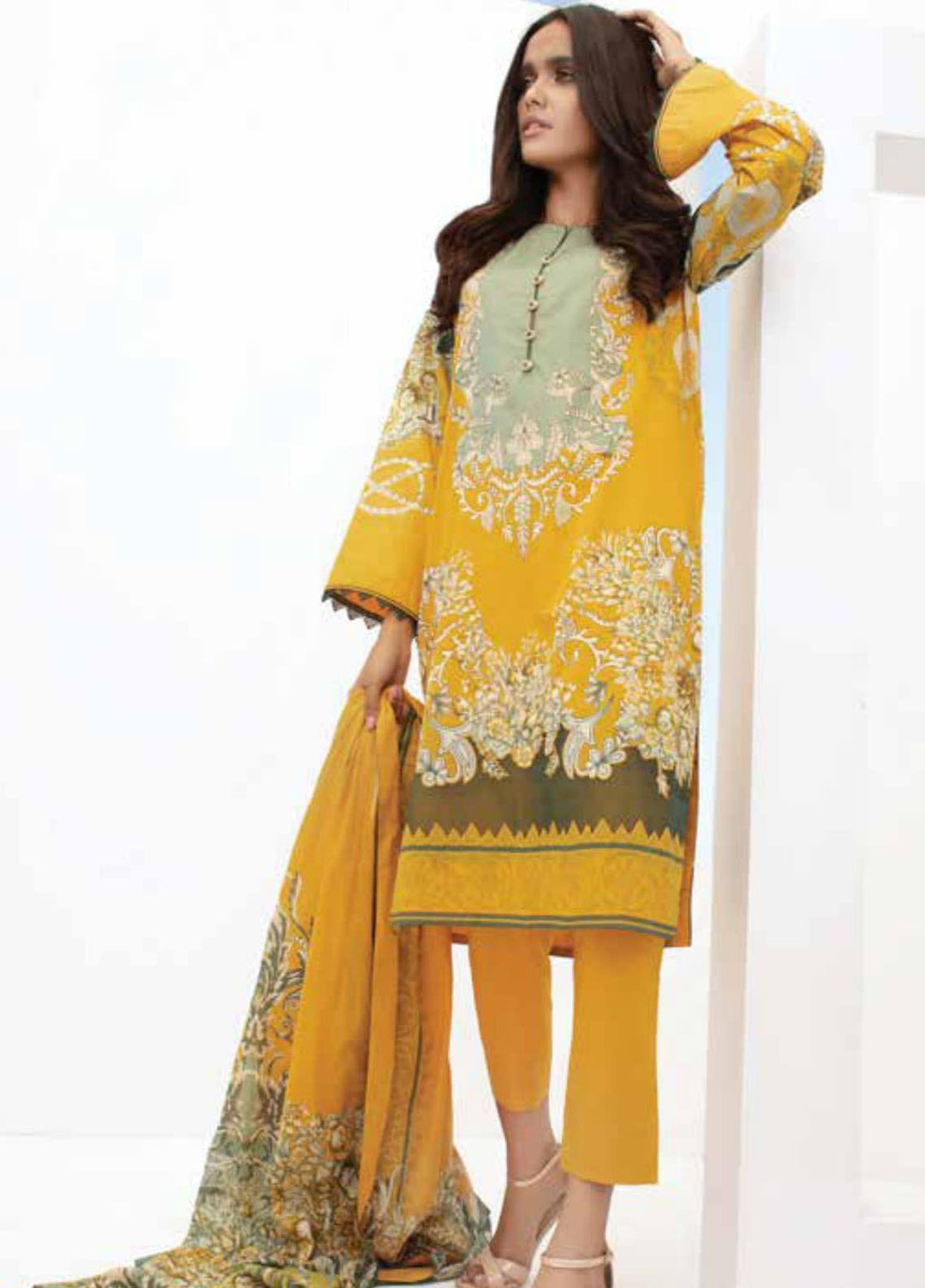 Al Karam Printed Lawn Suits Unstitched 3 Piece AK21S-2 SS-02-21-2-Yellow - Summer Collection