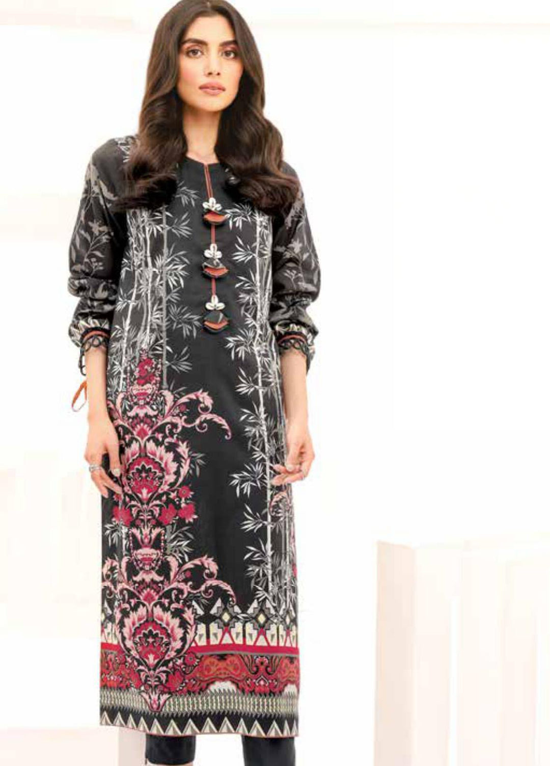 Al Karam Printed Lawn  Unstitched Kurties AK21S-2 SS-25-21-2-Black - Summer Collection