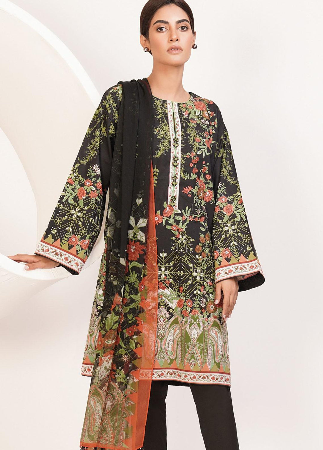 Al Karam Printed Lawn Suits Unstitched 3 Piece AK21S-2 SS-3-1-21-2-Black - Summer Collection