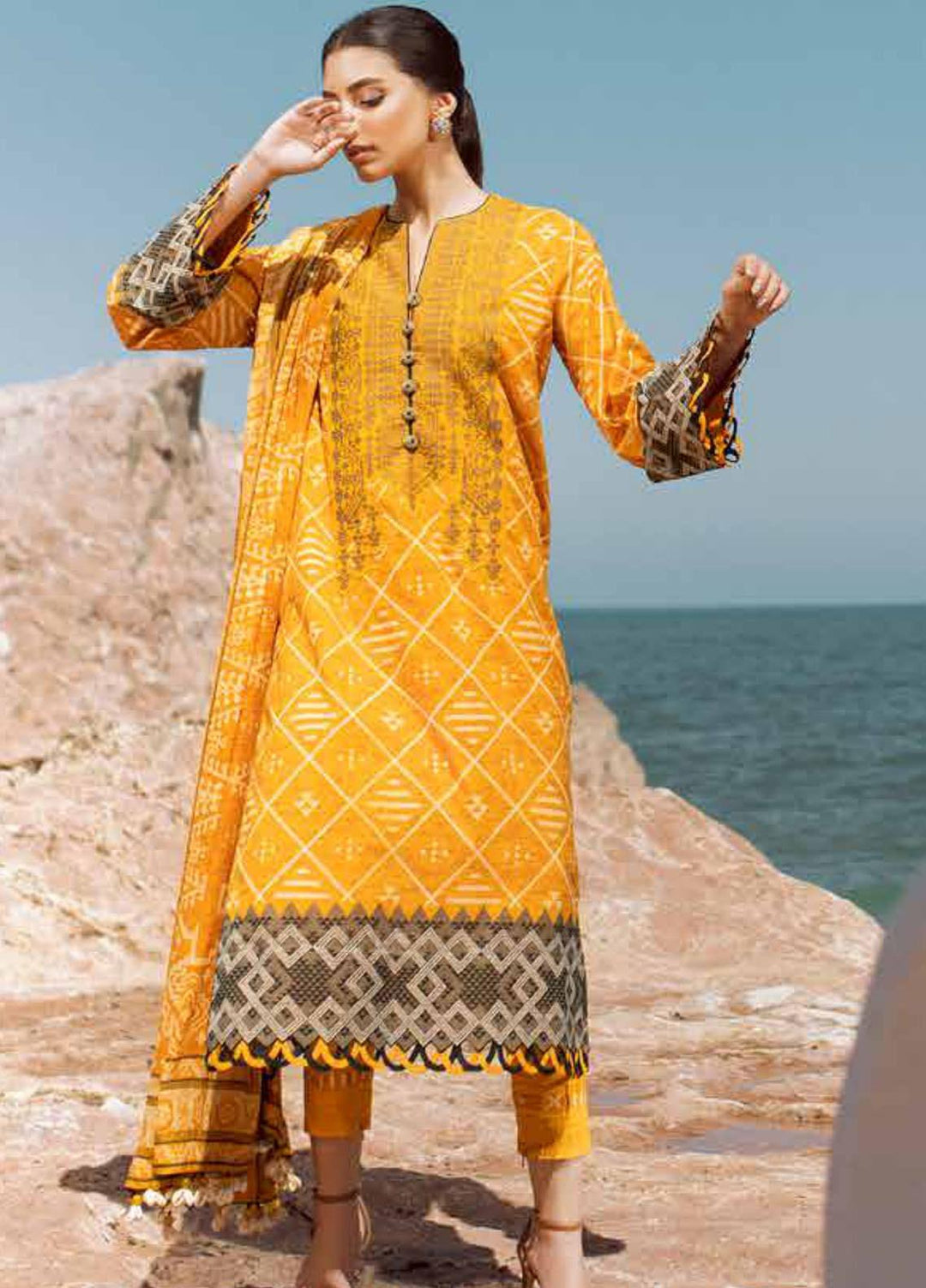 Al Karam Printed Lawn Suits Unstitched 3 Piece AK21S-2 SS-6.1-21-2-Mustard - Summer Collection