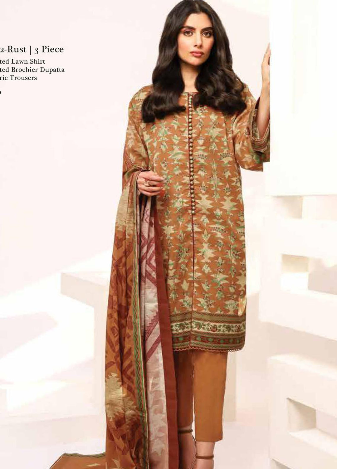 Al Karam Printed Lawn Suits Unstitched 3 Piece AK21S-2 SS-7.1-21-2-Rust - Summer Collection