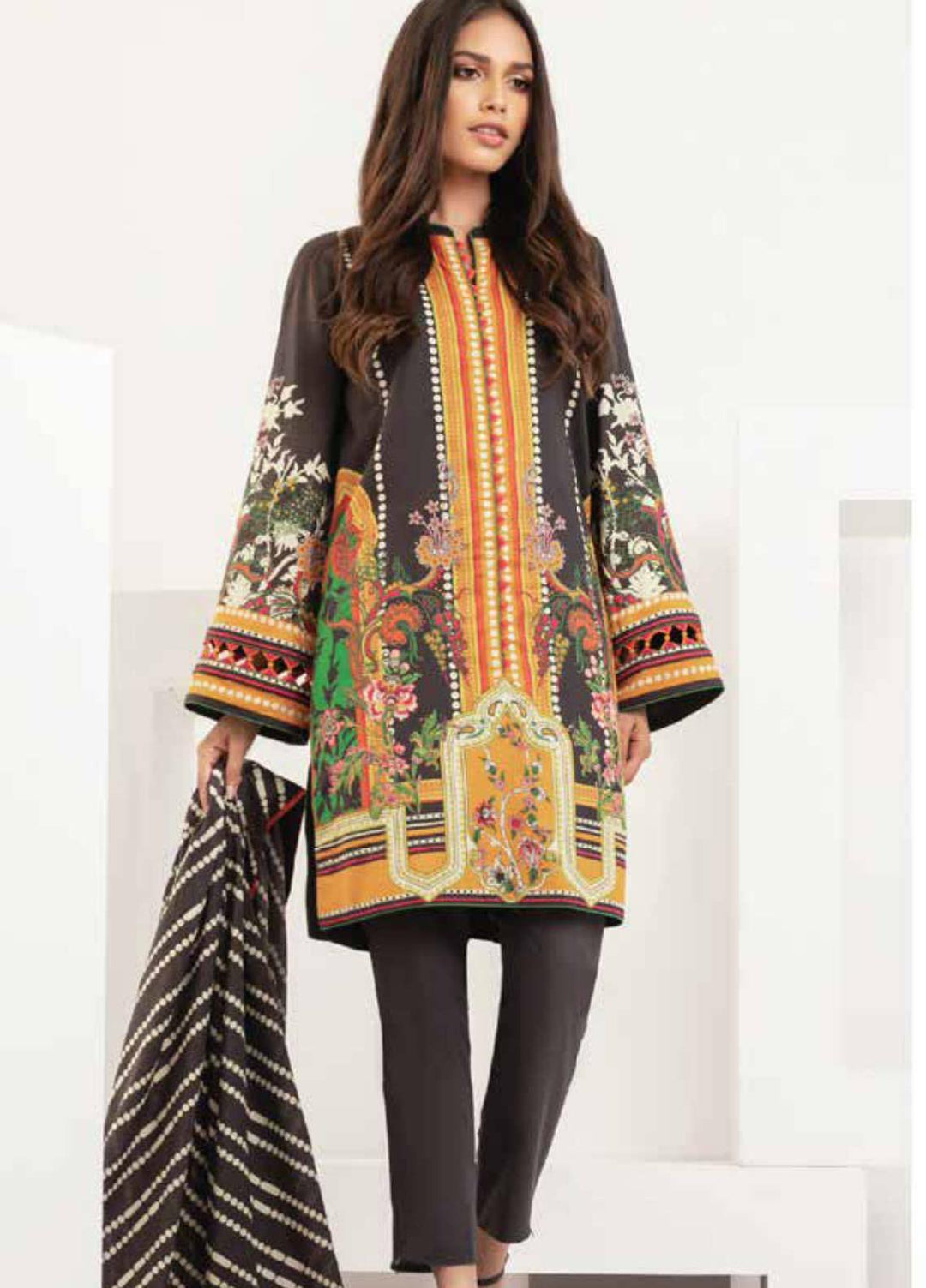 Al Karam Printed Lawn Suits Unstitched 3 Piece SS-12-21-2-Black - Summer Collection