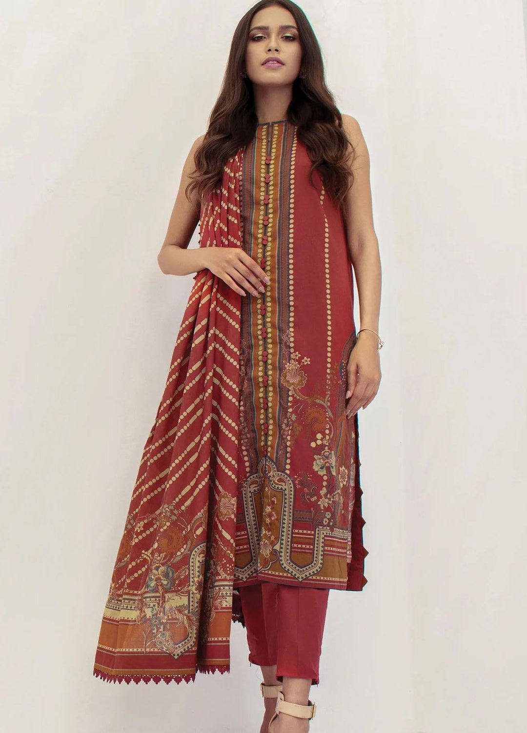 Al Karam Printed Lawn Suits Unstitched 3 Piece SS-12-21-2-Red - Summer Collection