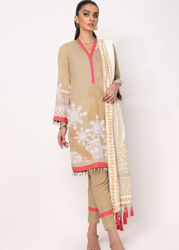 Al Karam Printed Lawn Suits Unstitched 3 Piece AK22S SS-14-22 Beige - Summer Collection
