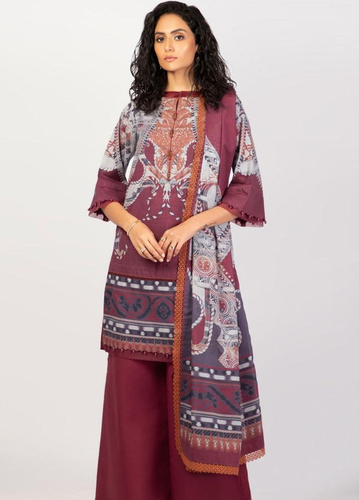 Al Karam Printed Lawn Suits Unstitched 3 Piece AK22S SS-15-22 Maroon - Summer Collection