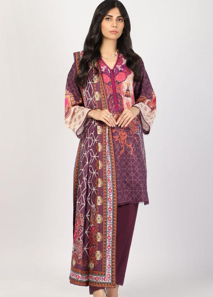 Al Karam Printed Lawn Suits Unstitched 3 Piece AK22S SS-26-22 Maroon - Summer Collection