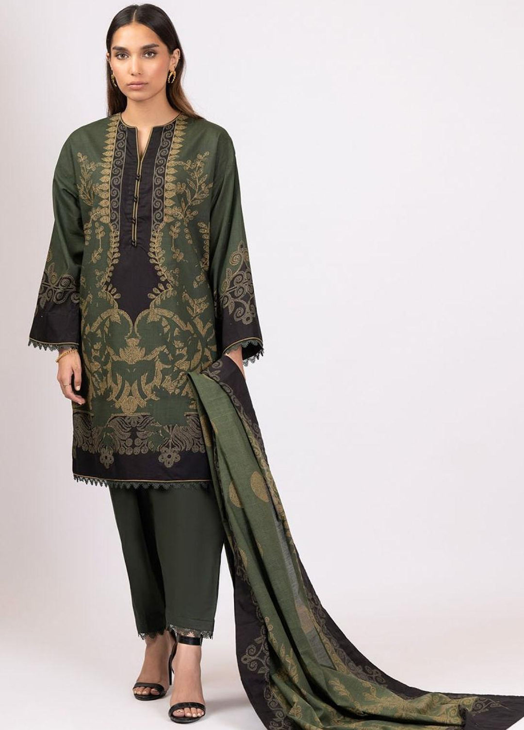 Al Karam Printed Lawn Suits Unstitched 2 Piece AK22S SS-42-22 Dark Green - Summer Collection