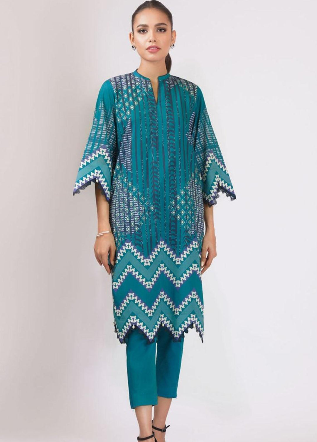Al Karam Printed Lawn  Unstitched Kurti AK22S SS-59-22 Teal - Summer Collection