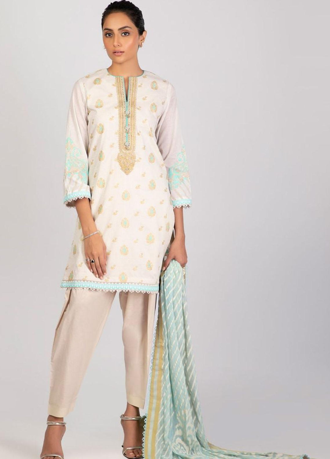 Al Karam Embroidered Lawn Suits Unstitched 3 Piece AK22S SS-8.1-22 White - Summer Collection