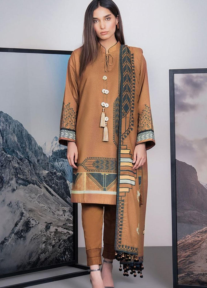 Al Karam Printed Karandi Suits Unstitched 3 Piece AK21W FW-13-21-Mustard - Winter Collection