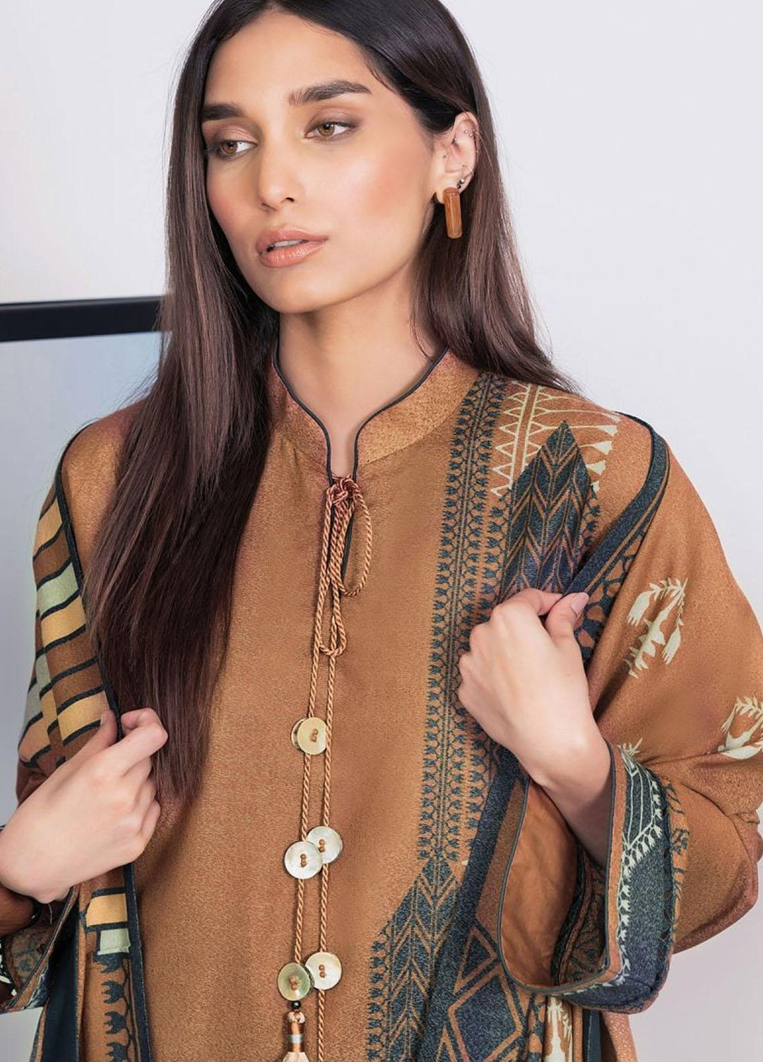 Al Karam Printed Karandi Suits Unstitched 3 Piece AK21W FW-13-21-Mustard - Winter Collection