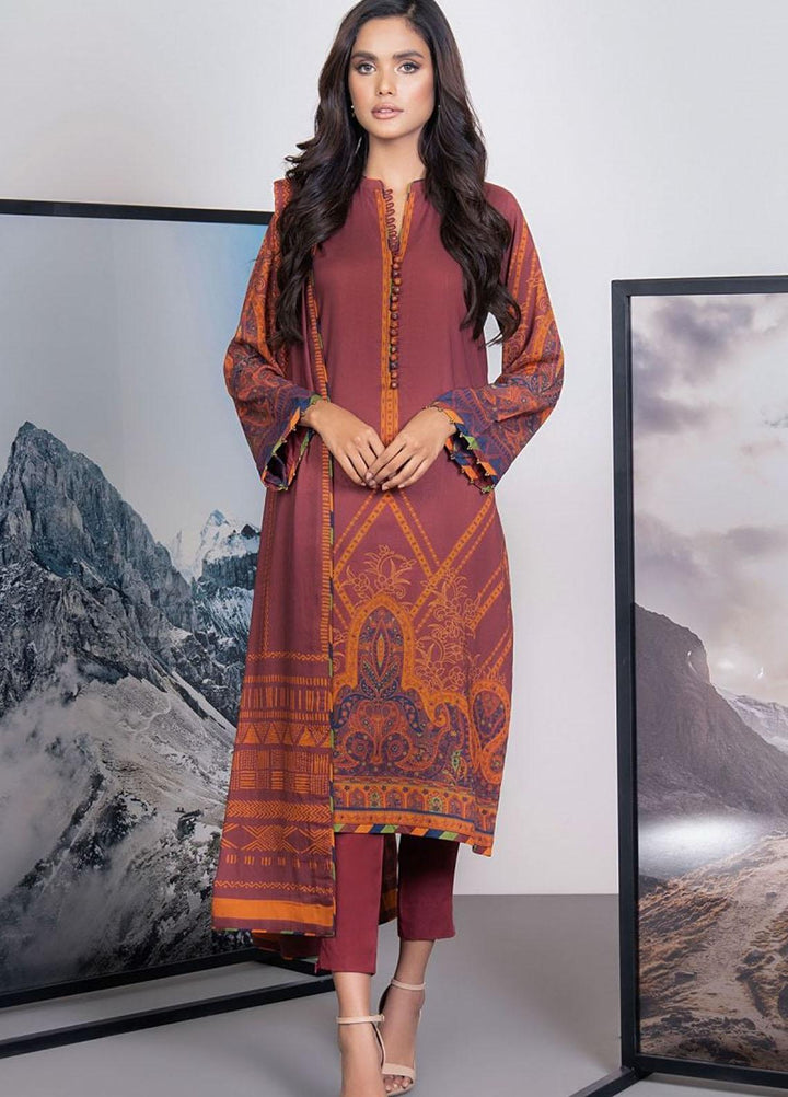 Al Karam Printed Viscose Suits Unstitched 3 Piece AK21W FW-14-21-Maroon - Winter Collection
