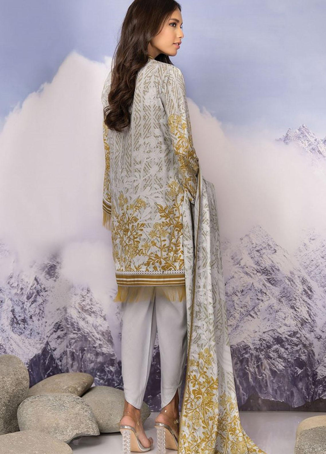 Al Karam Printed Cotail Viscose Suits Unstitched 3 Piece AK21W FW-20-21-Light Grey - Winter Collection