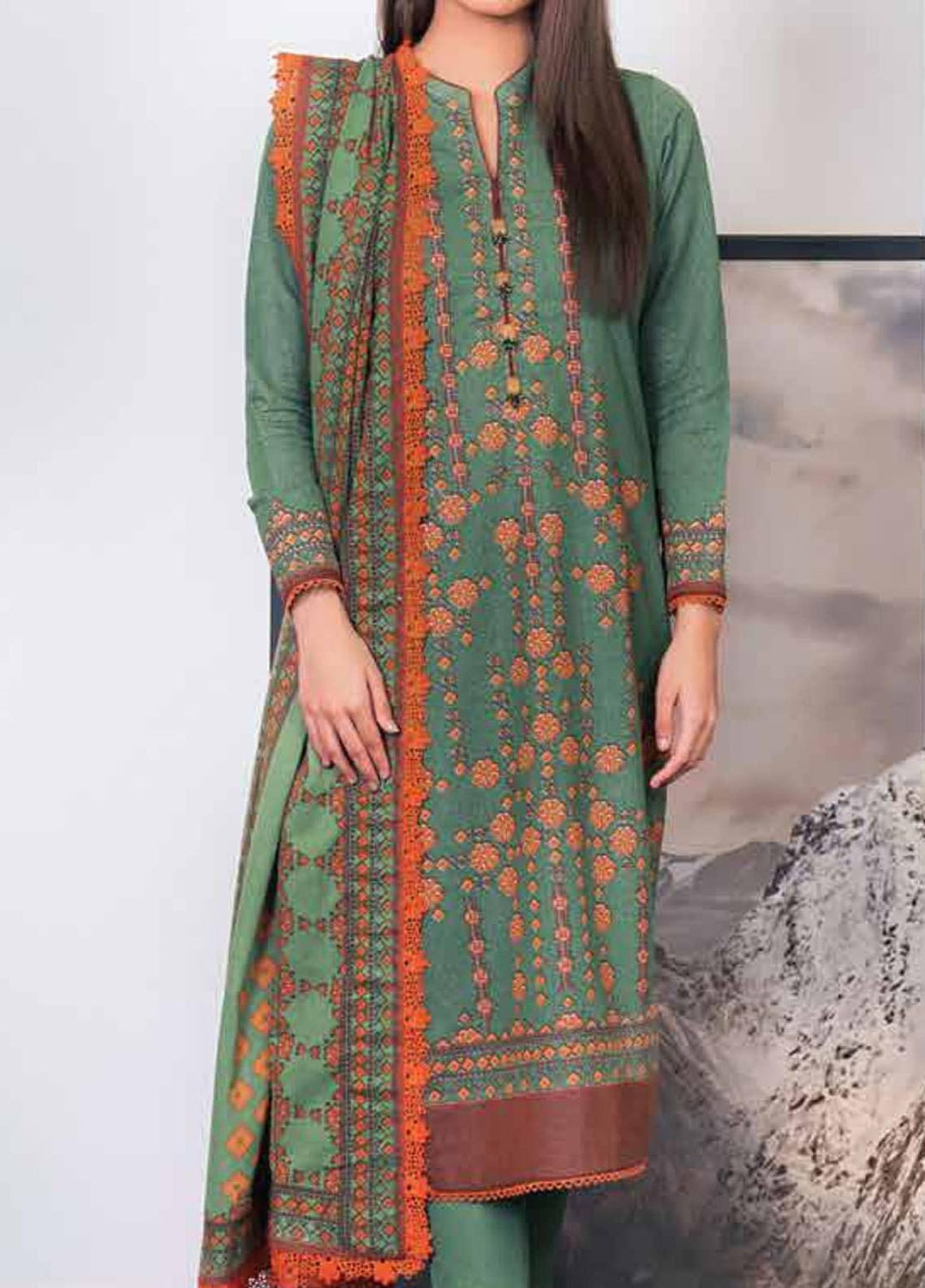 Al Karam Printed Karandi Suits Unstitched 3 Piece AK21W FW-13.1-21 Green  - Winter Collection