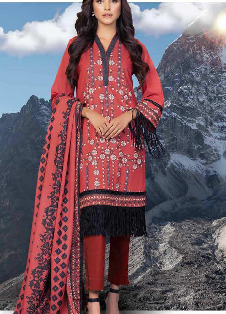 Al Karam Printed Karandi Suits Unstitched 3 Piece AK21W FW-13.1-21 Red - Winter Collection