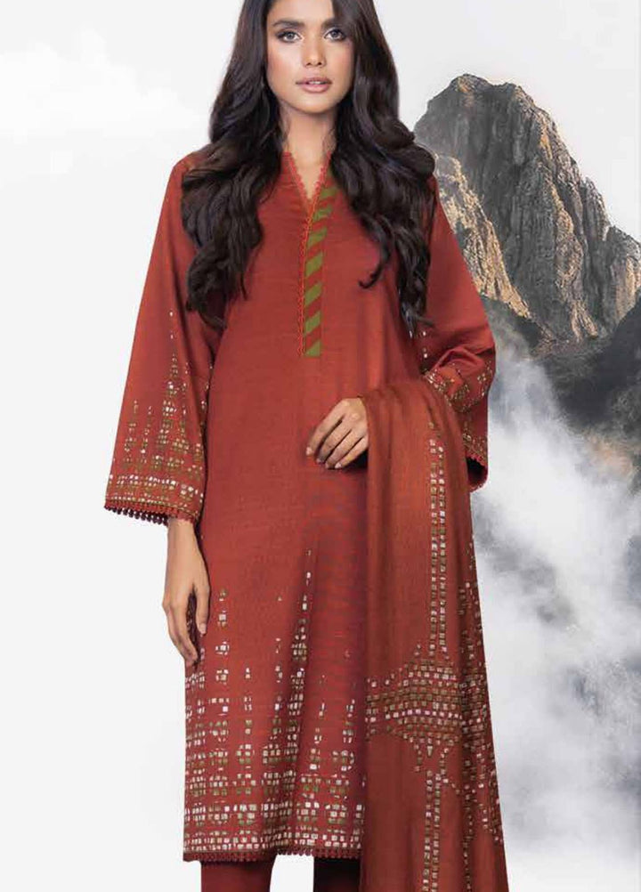 Al Karam Printed Khaddar Suits Unstitched 3 Piece AK21W FW-15.1-21 Rust - Winter Collection
