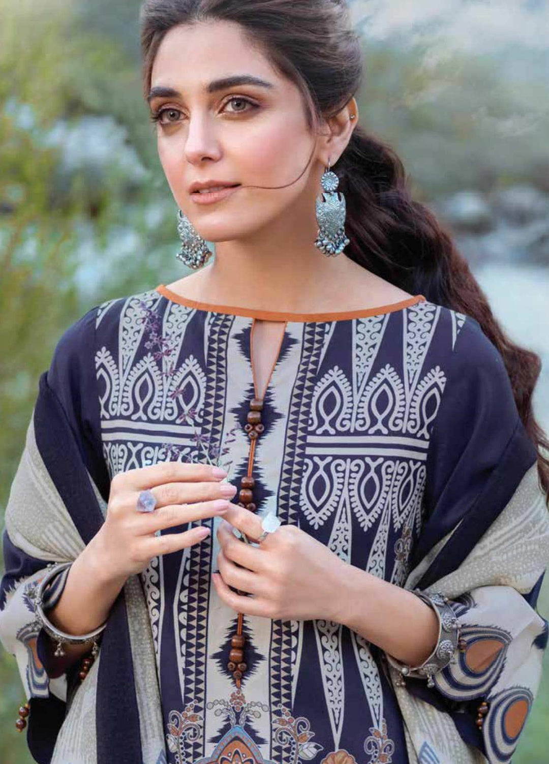 Al Karam Printed Viscose Suits Unstitched 3 Piece AK21W FW-17-21 Navy Blue - Winter Collection