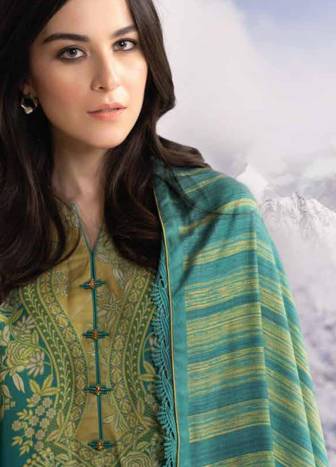 Al Karam Printed Cotail Viscose Suits Unstitched 3 Piece AK21W FW-20.1-21 Turquoise - Winter Collection