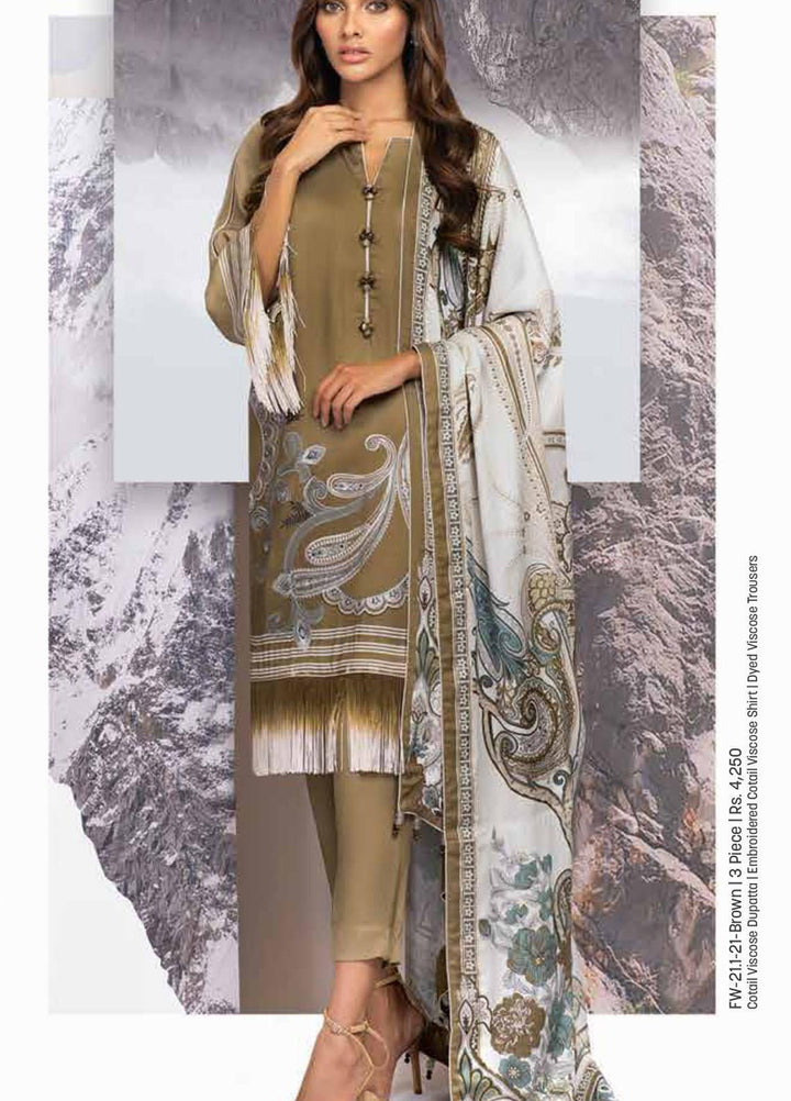 Al Karam Embroidered Cotail Viscose Suits Unstitched 3 Piece AK21W FW-21.1-21 Brown - Winter Collection