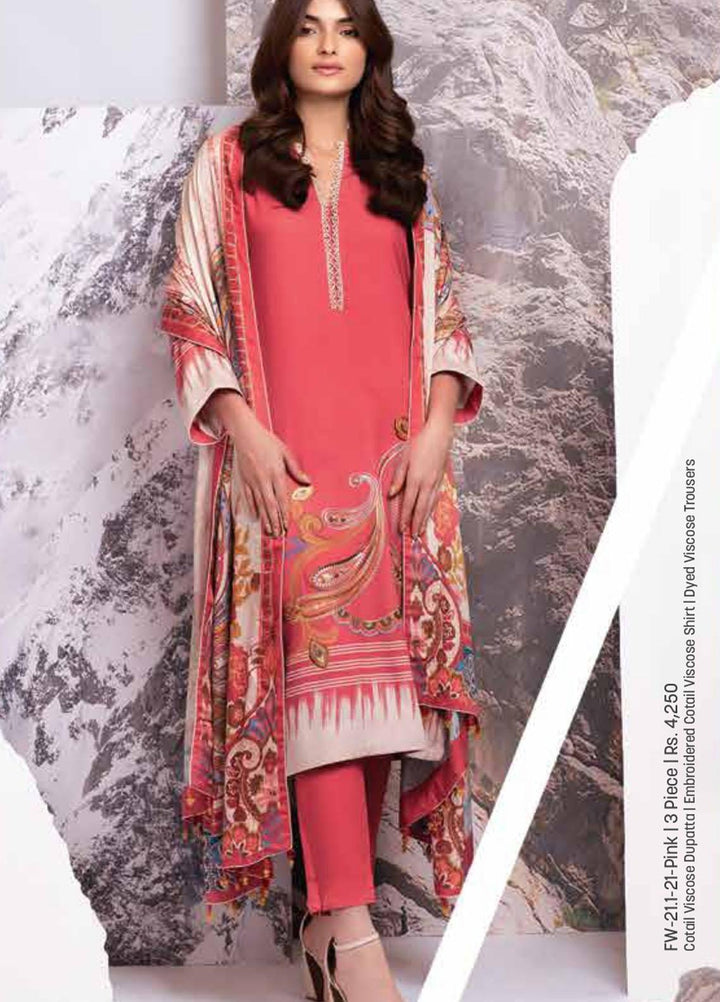 Al Karam Embroidered Cotail Viscose Suits Unstitched 3 Piece AK21W FW-21.1-21 Pink - Winter Collection