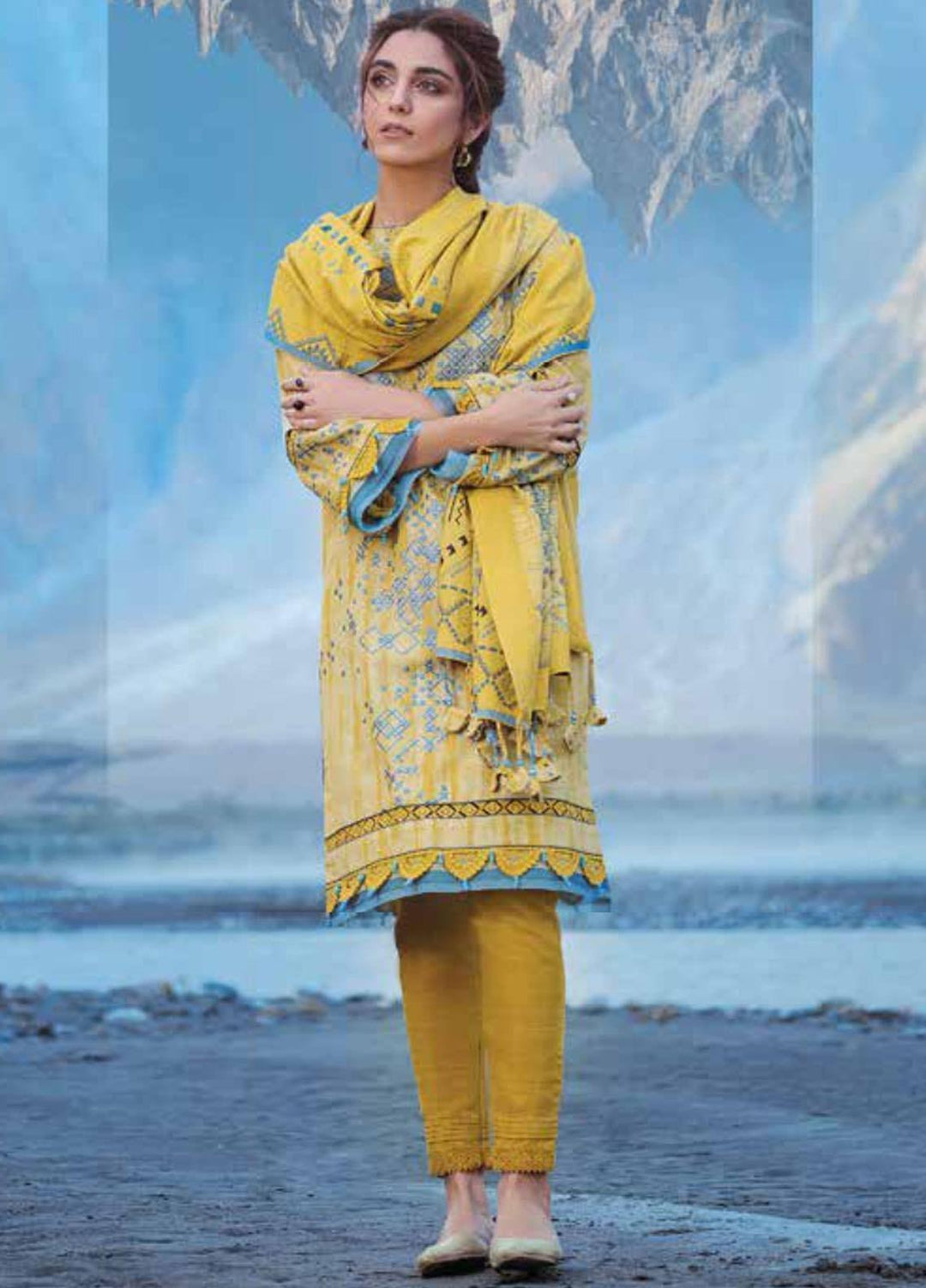 Al Karam Embroidered Khaddar Suits Unstitched 3 Piece AK21W FW-23-21 Yellow - Winter Collection