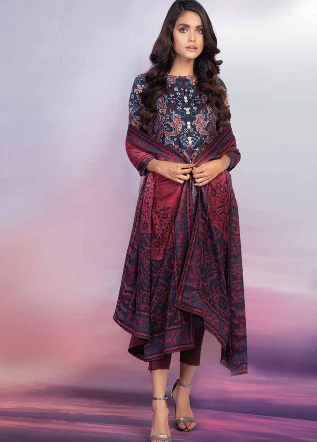 Al Karam Printed Twill Viscose Suits Unstitched 3 Piece AK21W FW-25-21 Maroon - Winter Collection