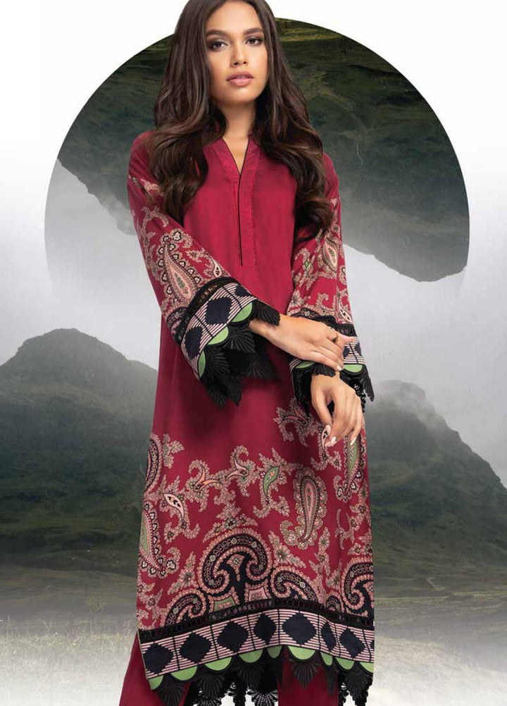 Al Karam Printed Twill Viscose Suits Unstitched 2 Piece AK21W FW-34-21 Maroon - Winter Collection