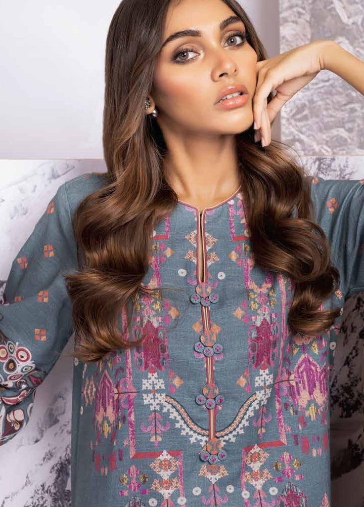 Al Karam Printed Khaddar  Unstitched Kurti AK21W FW-44.1-21 Turquoise - Winter Collection