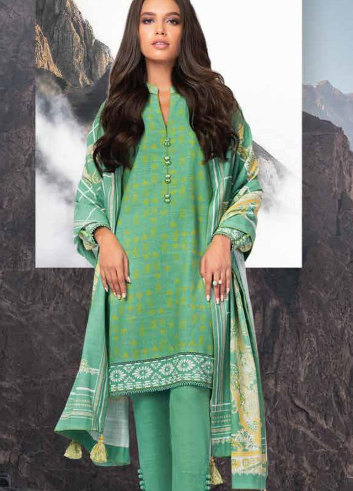Al Karam Printed Khaddar Suits Unstitched 3 Piece AK21W FW-5.1-21 Green - Winter Collection