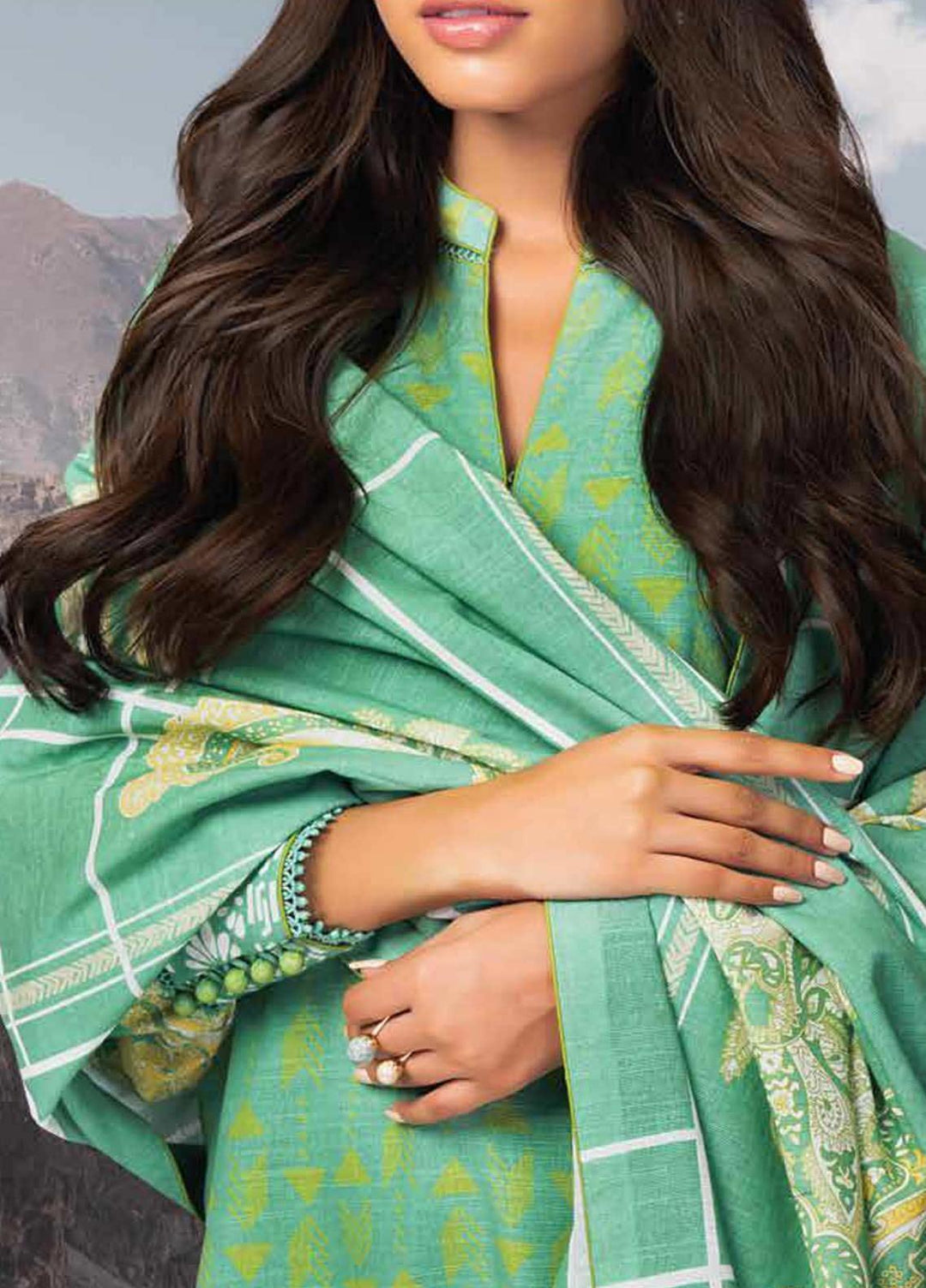 Al Karam Printed Khaddar Suits Unstitched 3 Piece AK21W FW-5.1-21 Green - Winter Collection