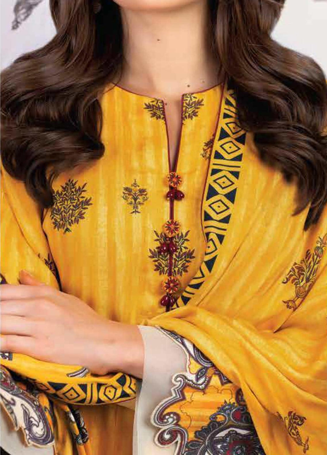 Al Karam Printed Twill Viscose Suits Unstitched 3 Piece AK21W FW-9.1-21 Yellow - Winter Collection