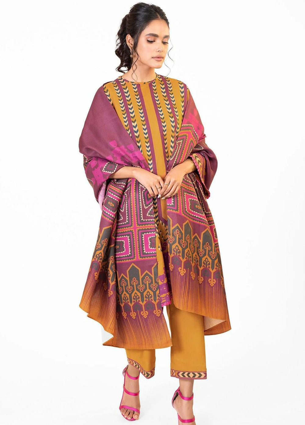 Al Karam Printed Viscose Suits Unstitched 3 Piece AK22FW FW-11-22-Mustard Yellow - Winter Collection
