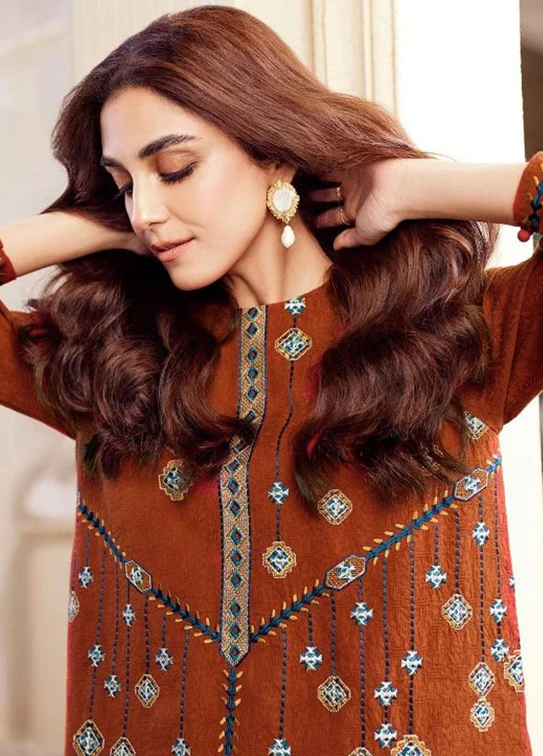 Al Karam Embroidered Dobby Suits Unstitched 2 Piece AK22FW FW-36-22-Rust - Winter Collection