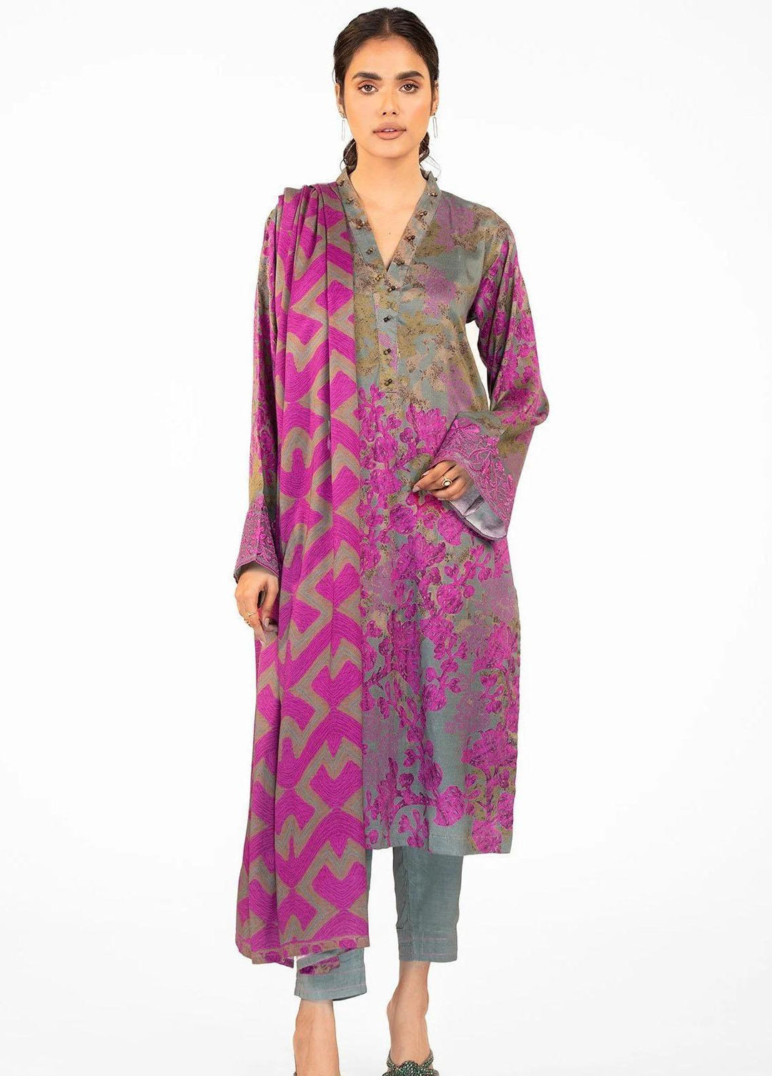 Al Karam Embroidered Viscose Suits Unstitched 3 Piece AK22W FW-10-22-Grey - Winter Collection