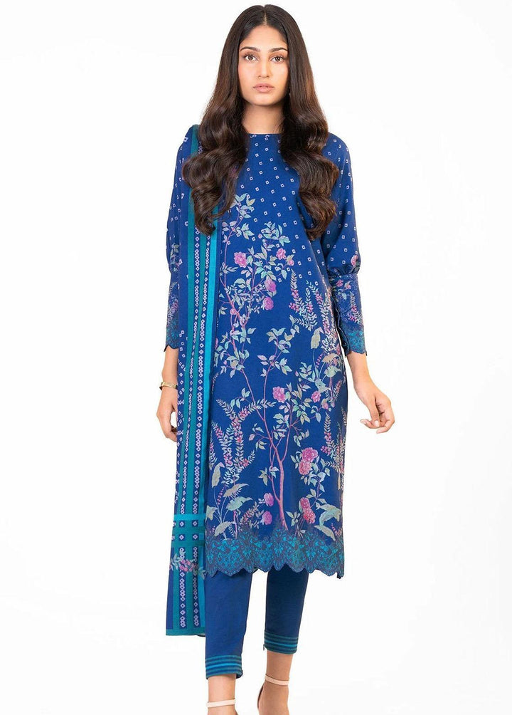 Al Karam Printed Dhanak Suits Unstitched 3 Piece AK22W FW-11.1-22-Blue - Winter Collection