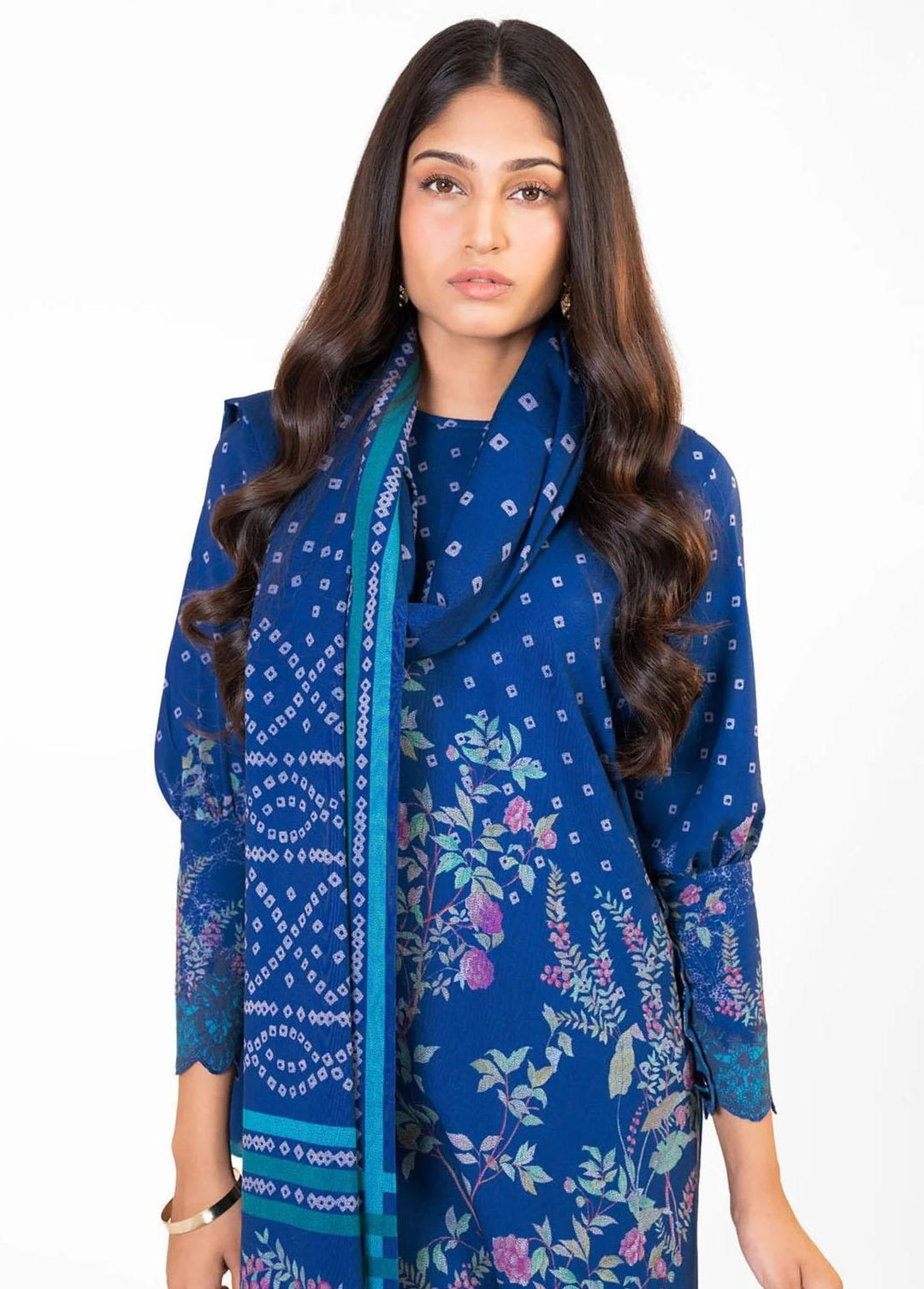 Al Karam Printed Dhanak Suits Unstitched 3 Piece AK22W FW-11.1-22-Blue - Winter Collection