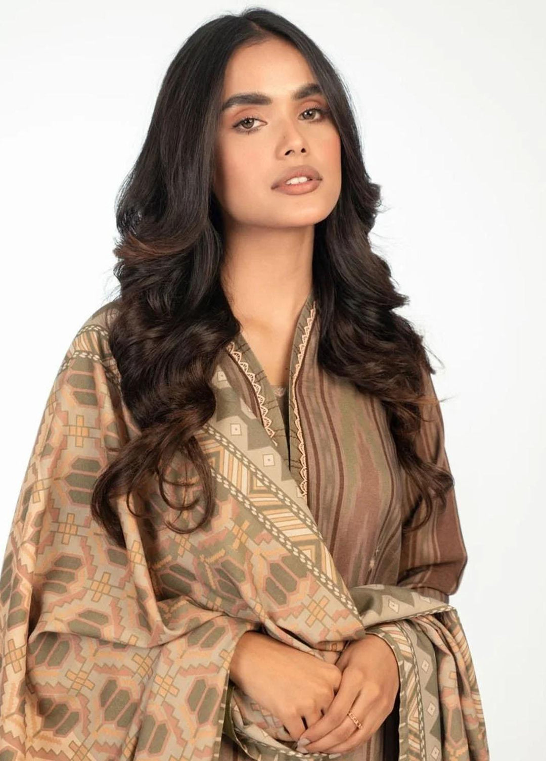 Al Karam Printed Chambray Suits Unstitched 3 Piece AK22W FW-31.1-22-Green - Winter Collection